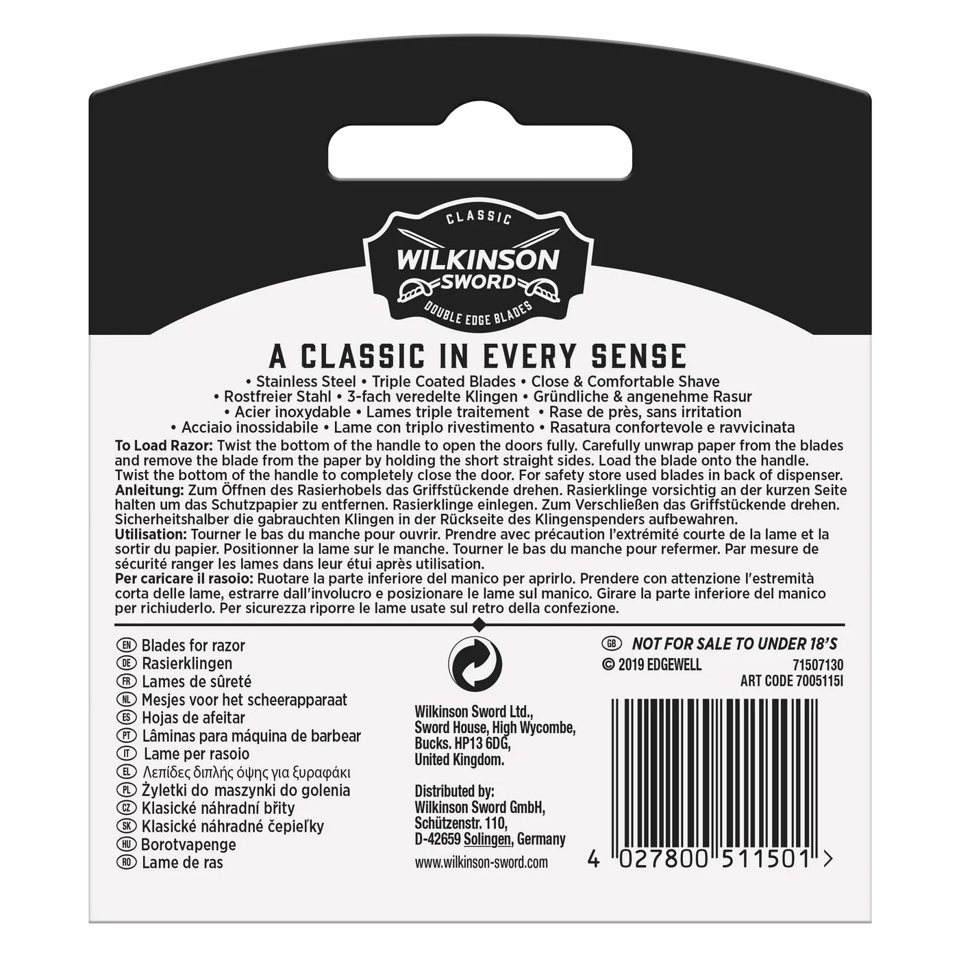 WILKINSON SWORD - Double Edge For Men | Premium Stainless Steel Safety Blades |
