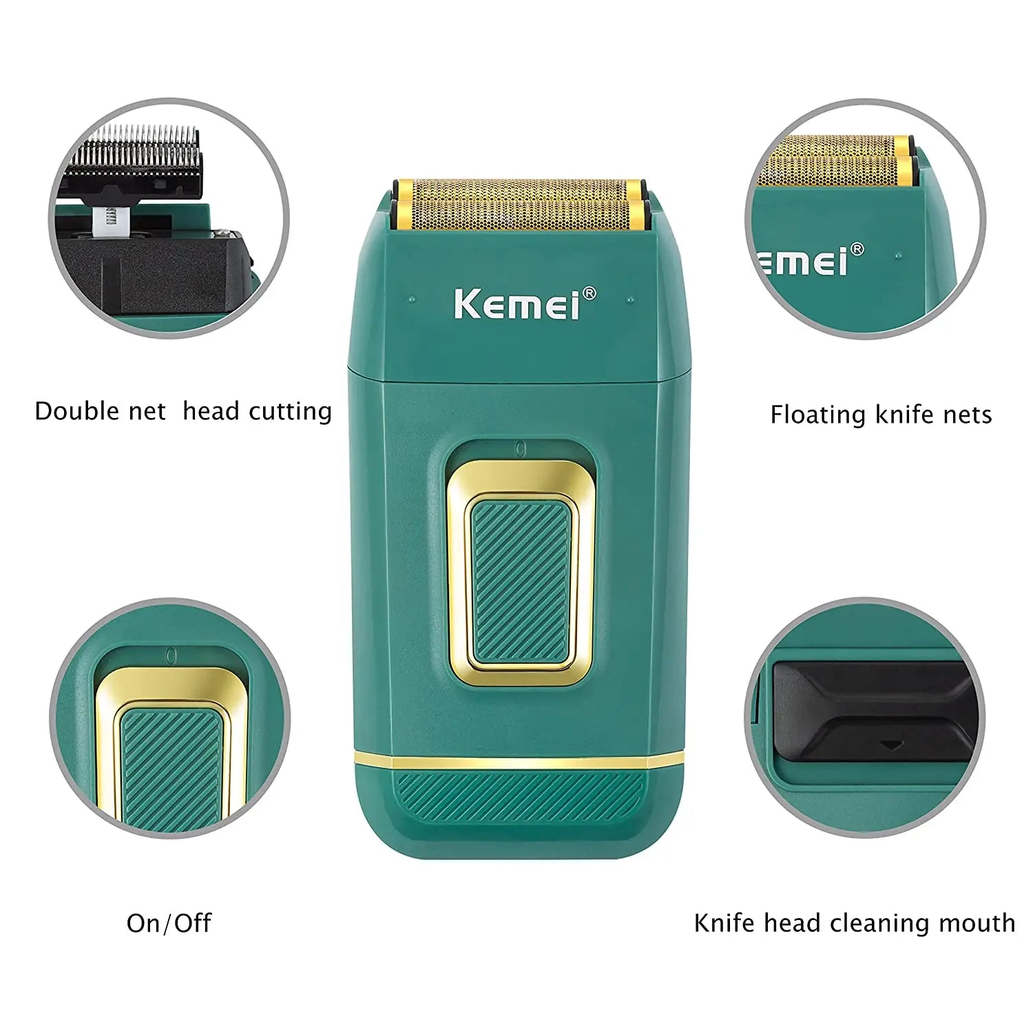 Kemei Professional Green Electric Razor Bald Head Foil Shaver Cordless Rechargeable Close Shaving Precision Cutting Waterproof