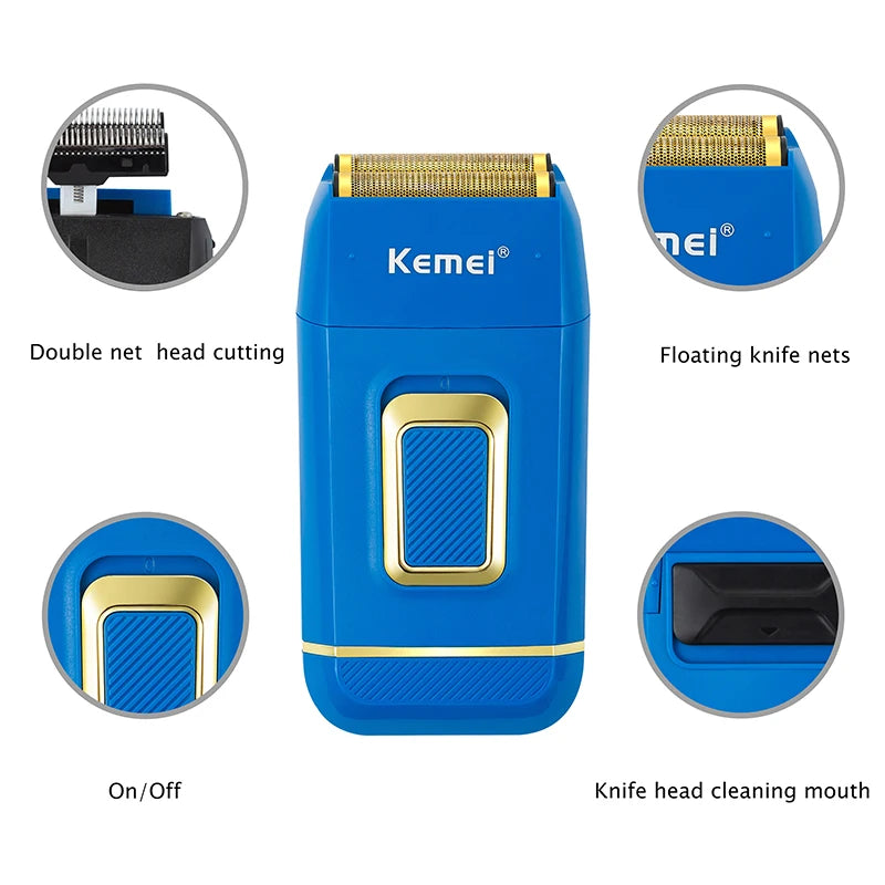 Kemei Professional Blue Electric Razor Bald Head Foil Shaver Cordless Rechargeable Close Shaving Precision Cutting Waterproof