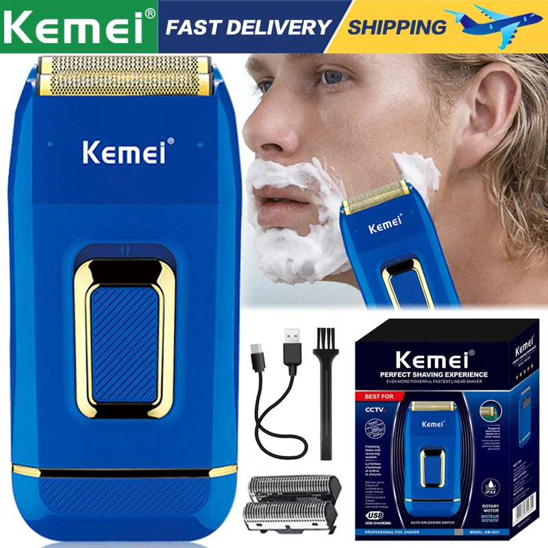 Kemei Professional Blue Electric Razor Bald Head Foil Shaver Cordless Rechargeable Close Shaving Precision Cutting Waterproof