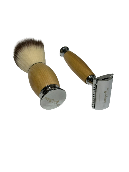 Wooden Shaving Set For Men - Safety Razor Badger Hair Shaving Brush with Stand