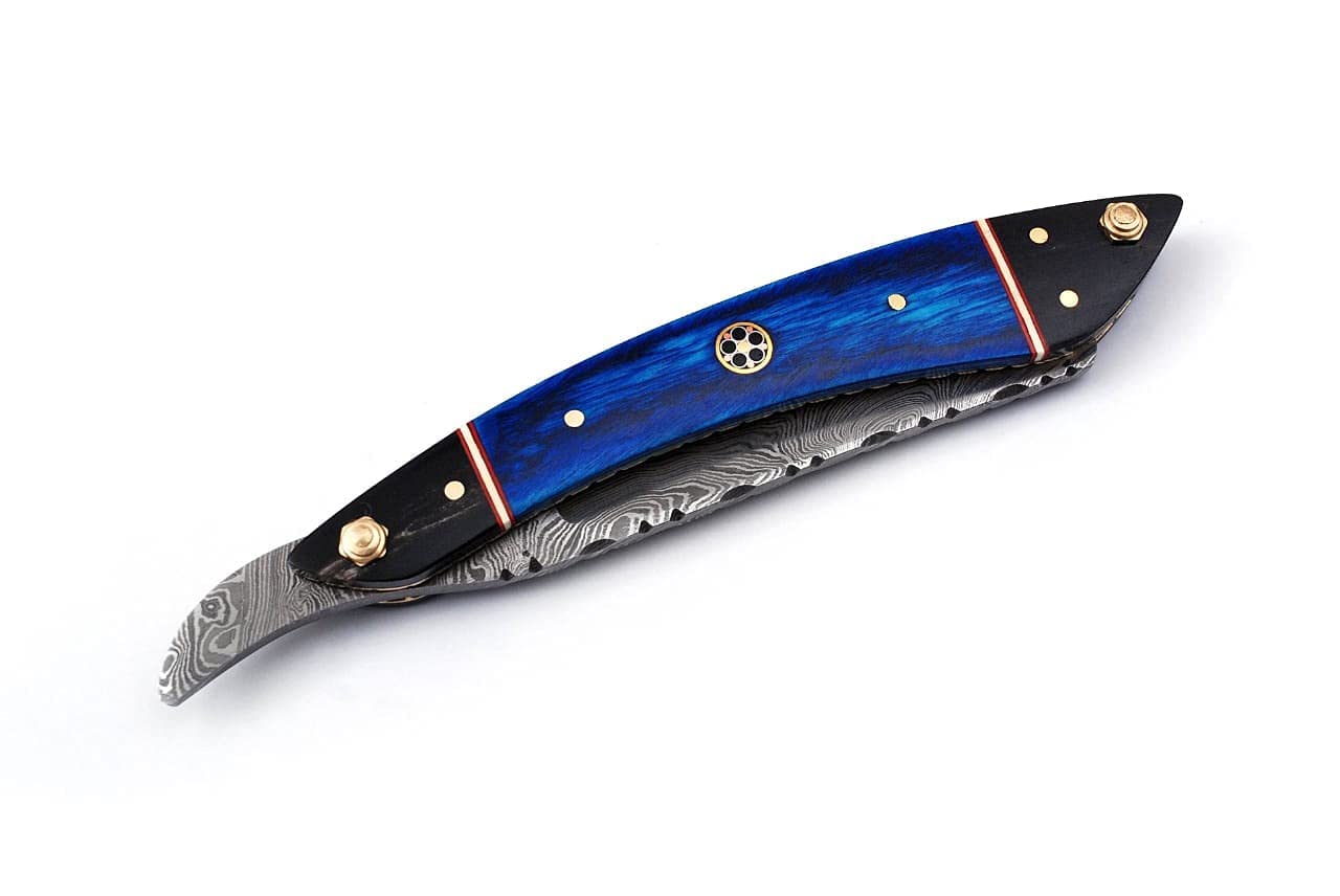 Blue Damascus Steel Fixed Blade Straight Razor - Barber Approved