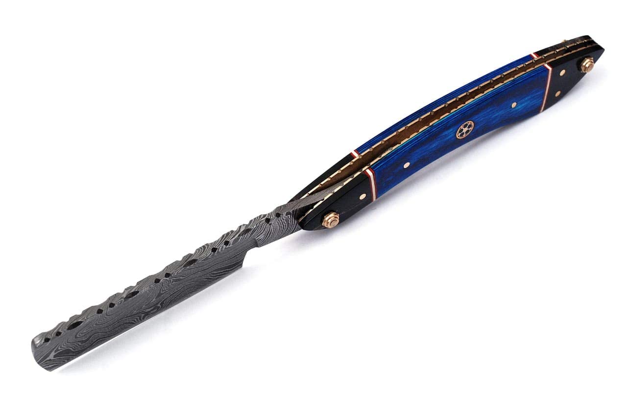 Blue Damascus Steel Fixed Blade Straight Razor - Barber Approved