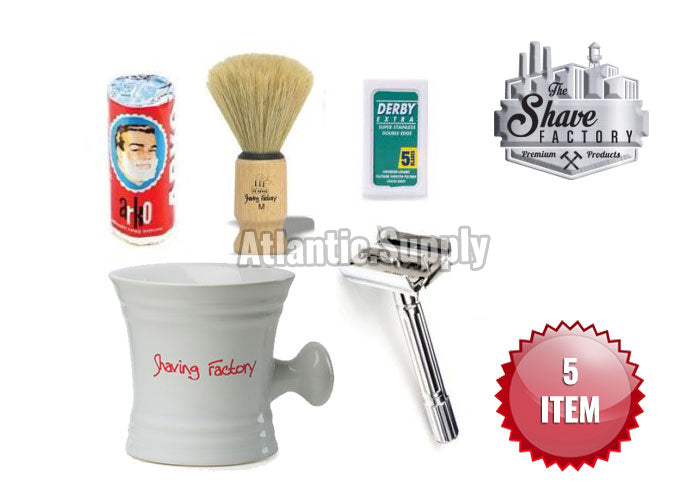 Beginners Shaving Set (Butterfly Safety Razor + Shaving mug (White/Black) + Wooden Brush + Soap + 5 Derby Blades)