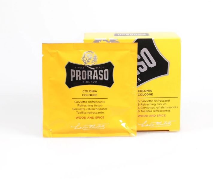 Proraso cologne wood and spice in 6-piece perfumed wipes